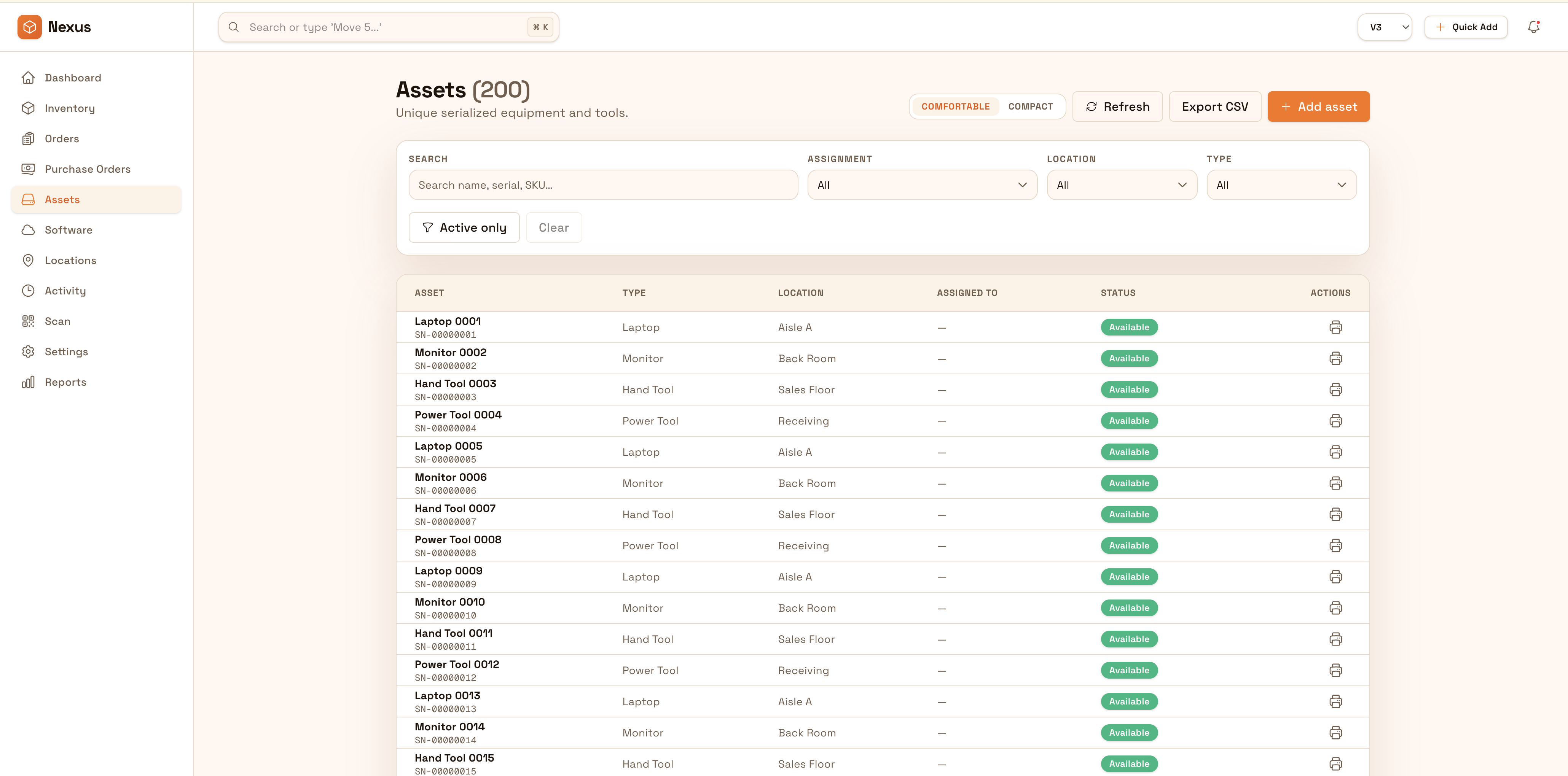 Captura de la vista de activos